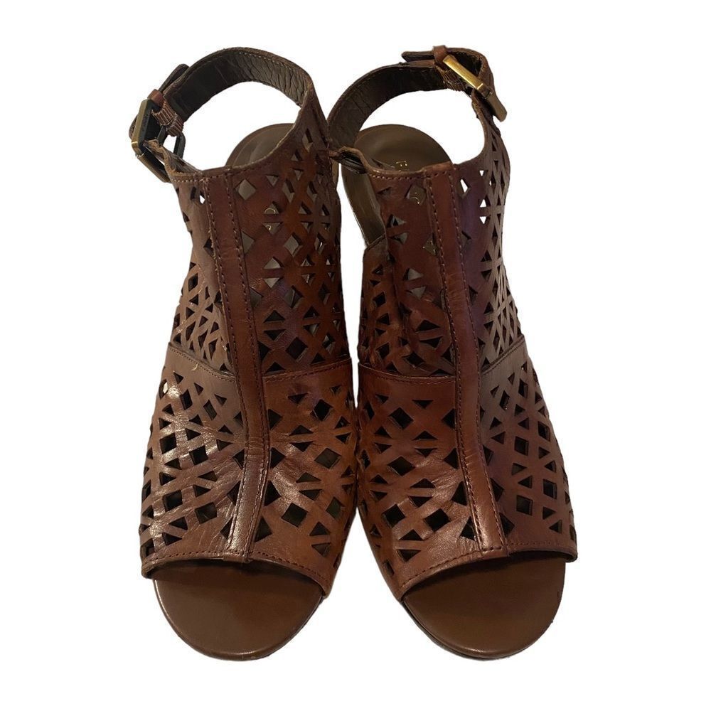 Franco Sarto Brown Leather Laser Cut Open Toe Wedges w/ Adjustable Ankle Strap